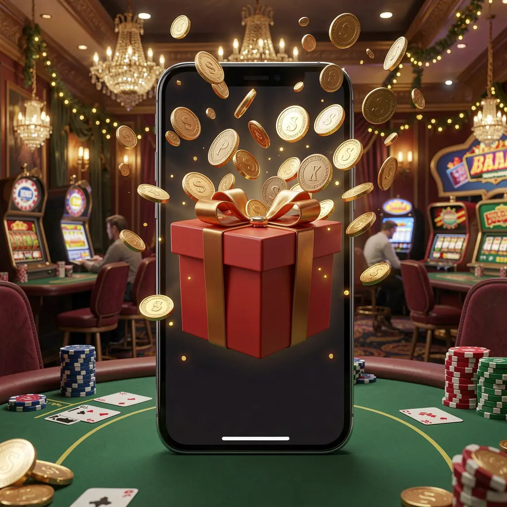 TKGG mobile casino bonus app concept showing a phone screen with a gift box and coins bursting out in a festive casino atmosphere