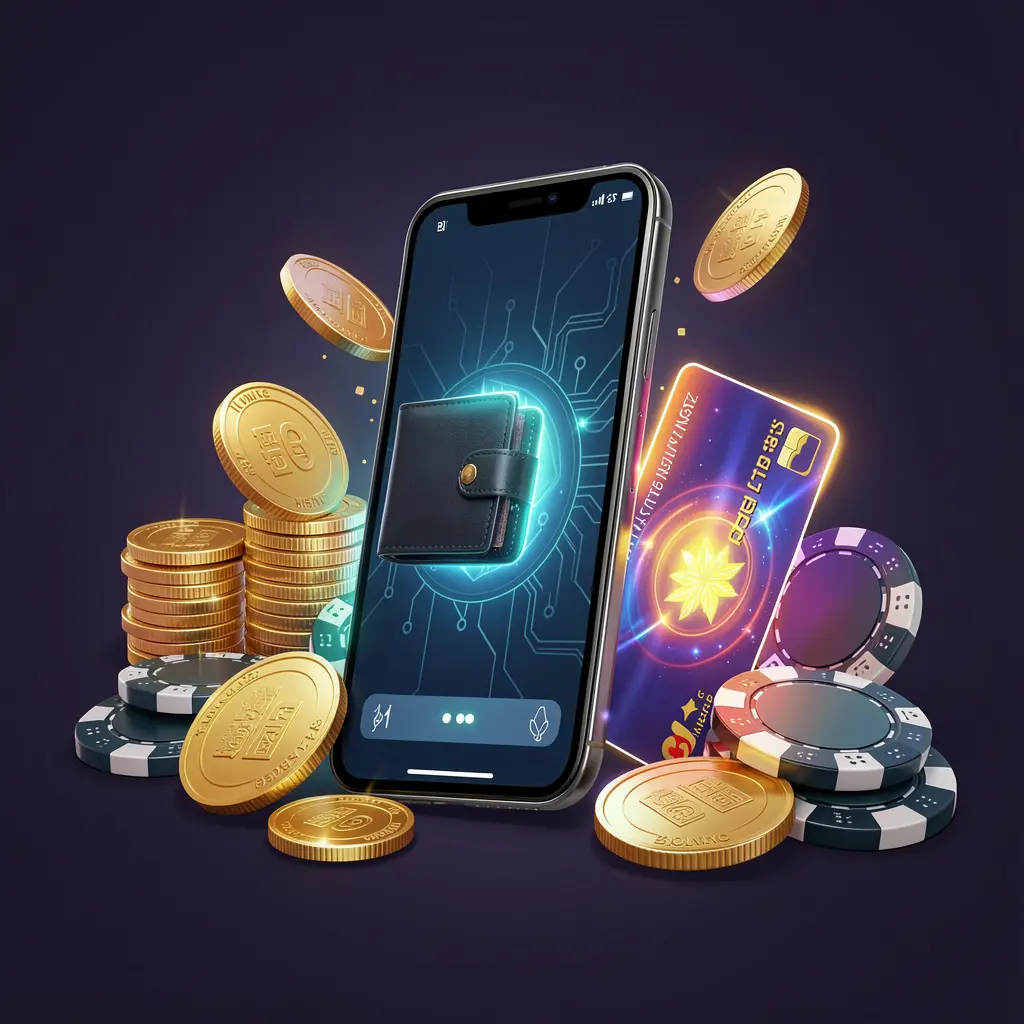 TKGG deposit bonus concept featuring a smartphone wallet with a glowing payment card, surrounded by golden coins and poker chips in a modern mobile casino style