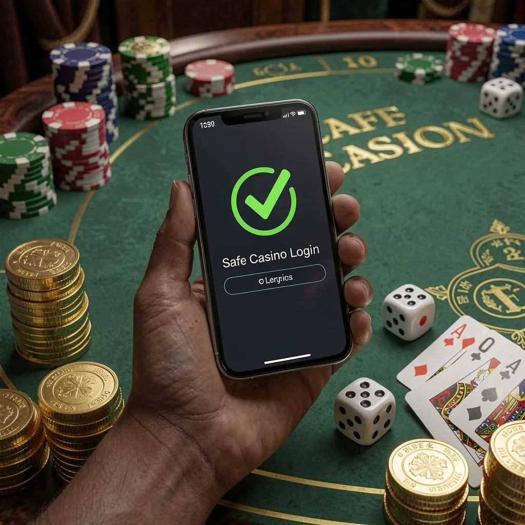 TKGG safe casino login concept showing a smartphone with a verification checkmark icon surrounded by chips, cards, dice, and golden coins on an elegant luxury casino table in a 3D realistic render