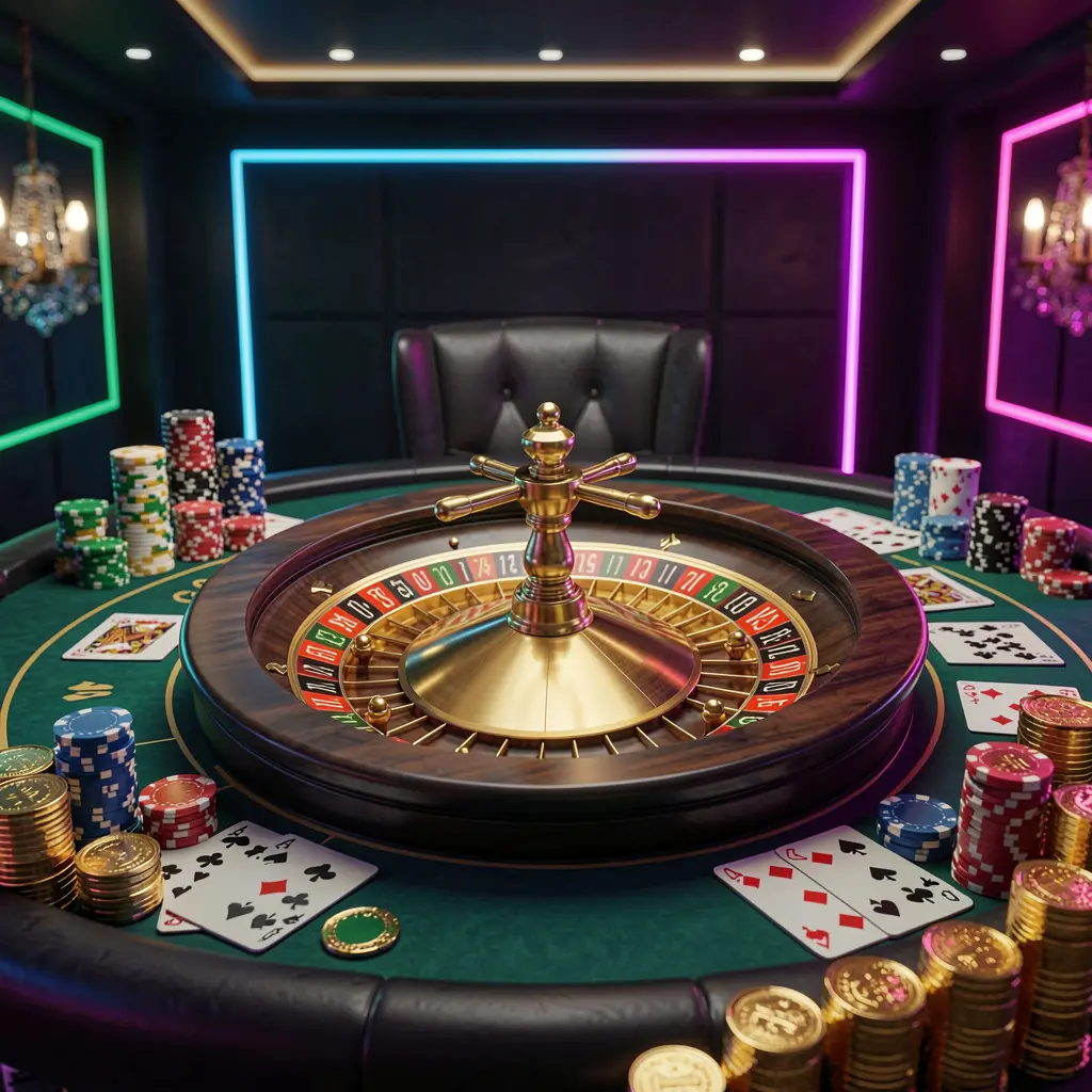 Luxury casino table with roulette wheel, poker chips, playing cards, and golden coins in a dark premium background with neon glow, showcasing TKGG's online casino homepage hero banner for responsible gaming